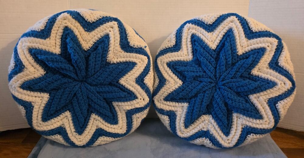 Vintage Crochet Round Pillow Pair Blue Cream Starburst Granny Handmade 3D